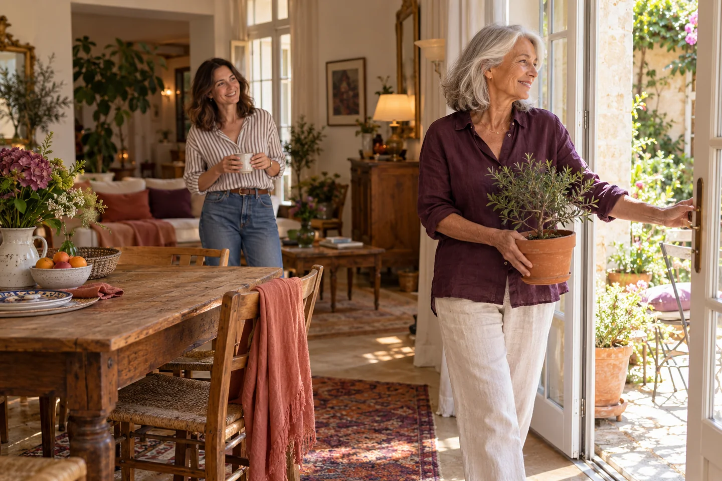 Une femme et sa fille dans un intérieur ouvert sur le jardin.