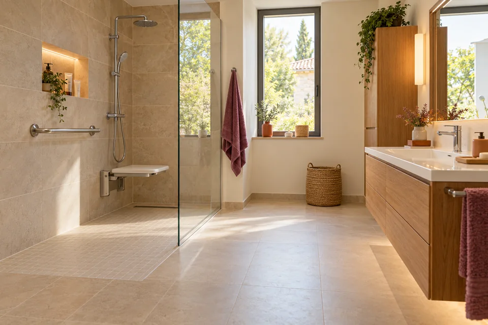 Exemple illustratif de salle de bain avec douche de plain-pied.