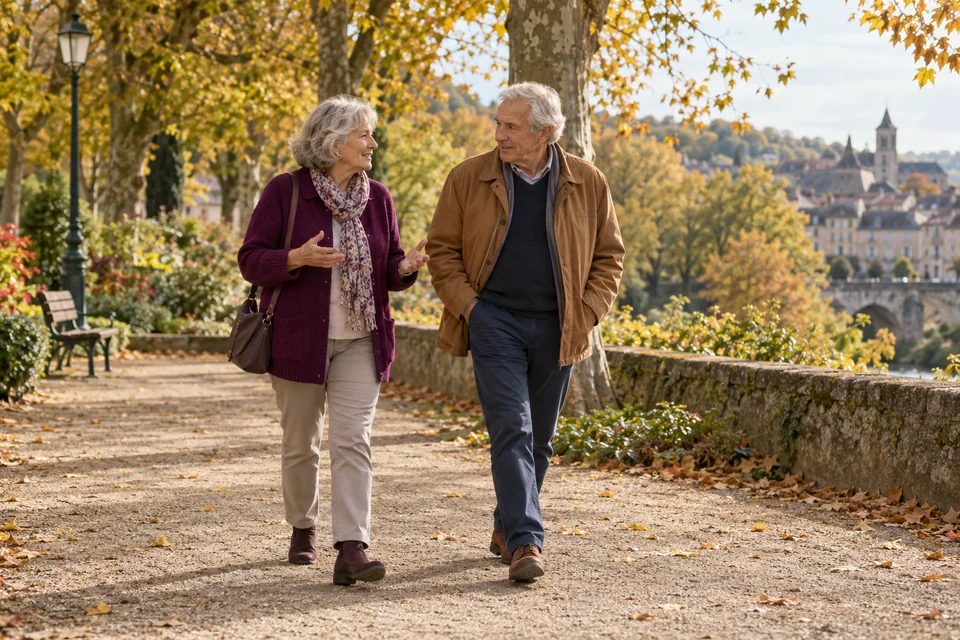 Un couple se promène dans un parc.
